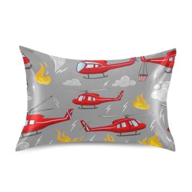 Imagem de Helicópteros de desenho vermelho cinza fogo cetim Cool Fronhas Design Refrescante King Queen Standard Fronhas Fronhas macias Cama King Size 101.6 cm x 50.8 cm