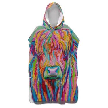 Imagem de Poncho de surfe plus size para adultos trocador com capuz toalha de natação linda tinta colorida vaca highland homens mulheres poncho com capuz
