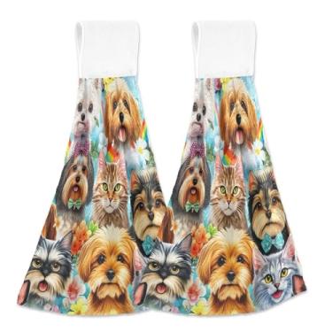 Imagem de Cute Dogs Cats Fall Hanging Dish Toalhas de Mão Macio Absorvente Forno Conjunto de 2, Toalha de Cozinha Personalizada de Outono Bonito 47 x 35 cm