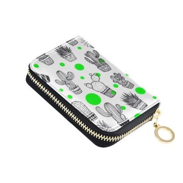 Imagem de Carteira feminina Cacti Succulents Green Dots White Zip Around Carteiras de cartão de crédito com bloqueio de RFID Divertida Carteira de Viagem com Bolso para Moedas