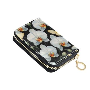 Imagem de Carteira feminina com suporte de cartão de crédito com bloqueio de RFID, carteira pequena para dinheiro de viagem com bolso para moedas, orquídeas brancas, borboletas, preta