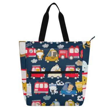 Imagem de GAIGEO Cute Animals Bolsa de trabalho colorida de carros para mulheres, bolsa escolar de lona com zíper, bolsa de tecido com compartimentos