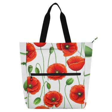 Imagem de GAIGEO Bolsa feminina com flores de papoula vermelha, bolsa de trabalho de lona, praia, livros, bolsa utilitária com zíper, bolsas infantis com compartimentos