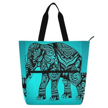 Imagem de GAIGEO Bolsa feminina azul oriental com elefante tatuado, bolsa de trabalho de lona, bolsa escolar universitária, bolsa de professor com compartimentos