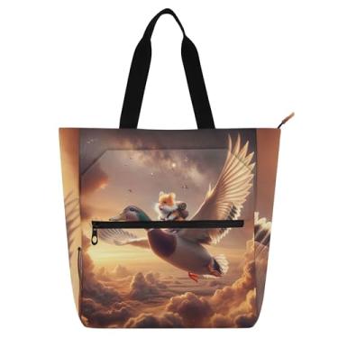 Imagem de Linda bolsa de trabalho com estampa de pato de hamster para mulheres, bolsa de lona com zíper, reutilizável, presente para amantes de livros