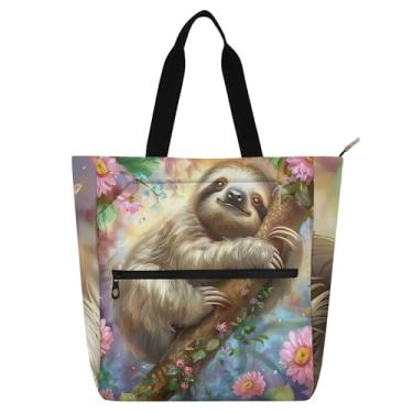 Imagem de Bolsas de trabalho femininas florais fofas de preguiça de lona com zíper bolsa de praia bolsa de mão média, presente para amantes de livros