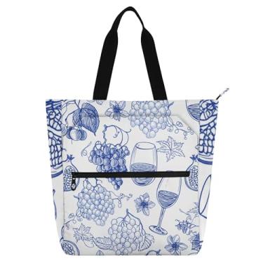Imagem de Sacola feminina uva vinho fruta azul para trabalho lona escolar com zíper utilitário bolsas infantis amantes de livros