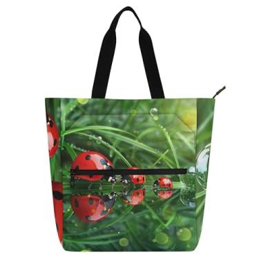 Imagem de GAIGEO Joaninhas gotículas grama verde bolsa de trabalho para mulheres lona praia livro bolsa zíper utilitário bolsa infantil com compartimentos