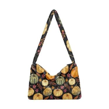 Imagem de Bolsa de ombro com folhas tropicais aquarela, bolsa sacola com zíper, bolsa de ombro média para mulheres, Abóbora, One Size