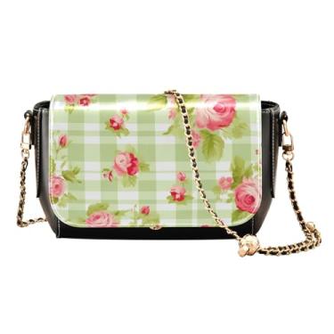 Imagem de GAIGEO Bolsa de ombro feminina de couro com rosas azuis e flores verdes, alça ajustável, Rosas vermelhas floral verde quadriculado, One Size