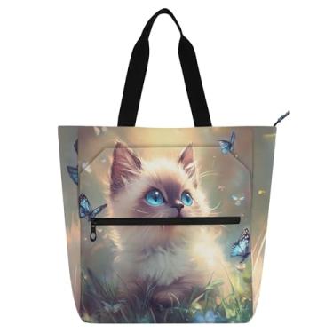Imagem de GAIGEO Linda bolsa de trabalho Ragdoll gato borboleta para mulheres, bolsa de lona para livros de praia com zíper, presente fofo para amantes de livros