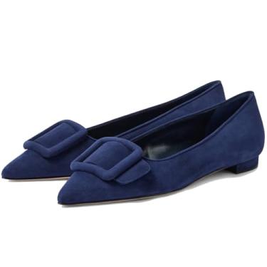 Imagem de Divanne Sapatilhas para mulheres, bico fino, fivela, sapatilhas, sapatilhas, sem cadarço, confortáveis, para trabalho, escritório, negócios, Azul escuro, 38