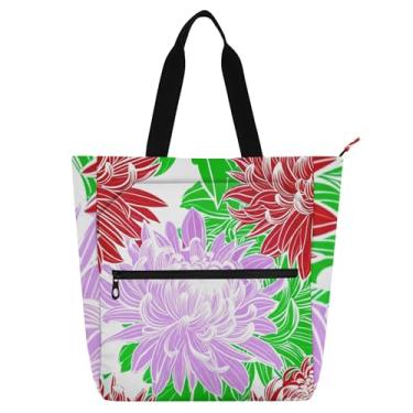 Imagem de Bolsa feminina com flores de crisântemo roxa, bolsa de trabalho de lona com zíper, bolsa de praia, bolsas de escritório para amantes de livros, presentes