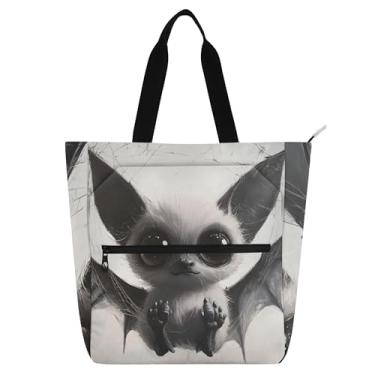 Imagem de GAIGEO Sacolas femininas fofas de Halloween cinza morcego assustador para trabalho, lona, praia, livro, sacola com zíper, bolsas fofas com compartimentos