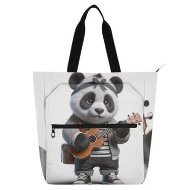 Imagem de GAIGEO Bolsa de trabalho feminina fofa com urso ukulele panda de lona para praia com zíper para professores com compartimentos