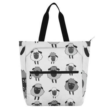 Imagem de GAIGEO Linda sacola feminina preta cinza ovelha branca para trabalho bolsa de lona para livros de praia com zíper linda bolsa infantil com compartimentos