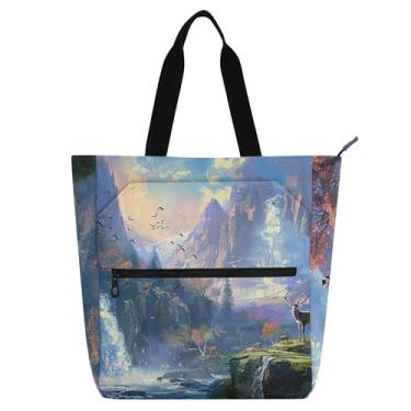 Imagem de GAIGEO Bolsa de trabalho feminina com pintura artística, paisagem de veado, bolsa escolar de lona com zíper, lindas bolsas infantis com compartimentos