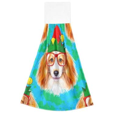 Imagem de Joitme Engraçado Cachorro Óculos Vermelhos Toalhas de Mão Verde Primavera com Laços Pendurados Forno Conjunto de 2 Toalhas Decorativas de Cozinha Bonitas Absorventes Macias, 47 x 35 cm