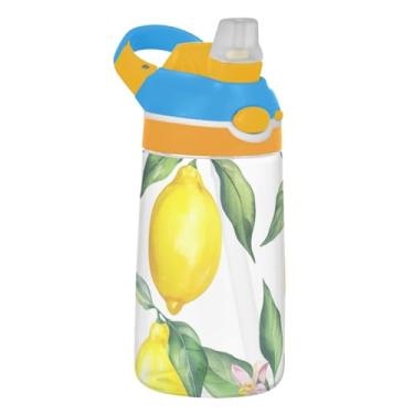 Imagem de Garrafa de água infantil de limão amarelo aquarela com canudo 473 ml, 473 ml, garrafa de água esportiva Tritan à prova de vazamento, copo de viagem infantil portátil, reutilizável, alça de transporte