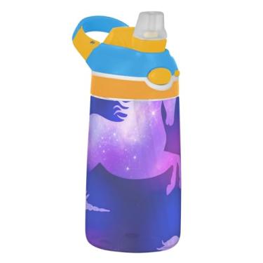 Imagem de Garrafa de água infantil de unicórnio roxo e rosa para escola, 473 ml Tritan 473 ml, garrafa de água esportiva com canudo, copos de viagem portáteis para crianças à prova de vazamento, alça de