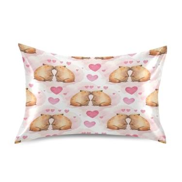 Imagem de Blueangle Fronha de cetim refrescante para cabelo e pele, capa de almofada capivaras aquarela dia dos namorados, tamanho padrão 51 x 66 cm com fecho de envelope (802)