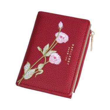 Imagem de Carteira Feminina Tri-Fold Com Bordado Floral 3D, Proteção RFID, Compa