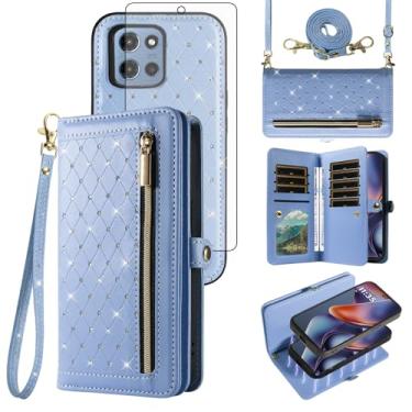 Imagem de Capa de celular para Motorola Moto G 5G 2025 com zíper carteira magnética destacável com alça de cordão transversal Bling Glitter Flip compartimentos para cartão de crédito G5G 5 G G5 mulheres homens