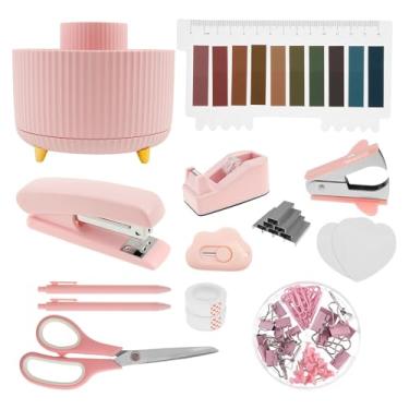 Imagem de UKQRRTC 16 peças de acessórios de mesa, material de escritório, inclui organizador de mesa de 360°, suporte de fita, grampeador, tesoura, caixa de fichário, clipe de encadernação, grampos, canetas