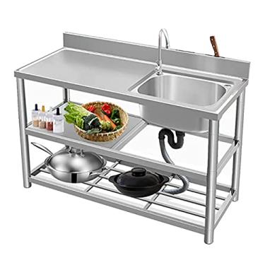 Imagem de Lavatório de pé em aço inoxidável, lava-louças de aço inoxidável de pé, lava-loiças de cozinha de restaurante comercial, com bancada de trabalho e prateleiras de armazenamento de lavatórios(120 cm/47