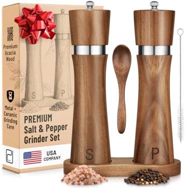 Imagem de Conjunto de moedor de madeira de acácia de sal e pimenta com bandeja de suporte de madeira - 60 g cada - Moedores modernos altos - Moinhos recarregáveis manuais para grãos de pimenta, sal do Himalaia