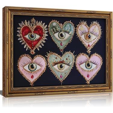 Imagem de Arte de parede gótica emoldurada a ouro vintage maximalista bruxa olhos psicodélicos impressões em tela pôster de academia escuro amor eclético coração joia joia pintura imagem arte para quarto sala