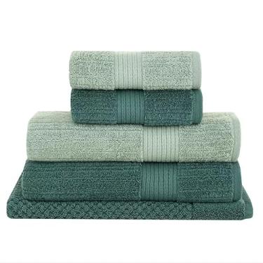 Imagem de Jogo de Toalhas de Banho Fio Penteado Canelado 5 Peças 100% Algodão Alta Absorção Banho Rosto e Piso (Verde claro/Verde escuro)