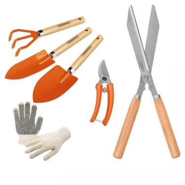 Imagem de Kit Jardinagem 5 Peças (Ancinho, Pá Larga, Pá Estreita, Tesoura de Poda e Grama) + Luva