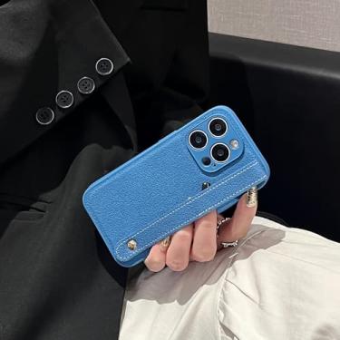 Imagem de IRTGFG Capa de couro marrom retrô com alça de pulso para iPhone 16 Pro, capa fosca à prova de choque para câmera (para iPhone 16 Pro/Qian Blue)