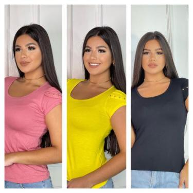 Imagem de Kit 3 blusas Femininas detalhe na Manga - GK TODA BELA, Rosa, Amarelo,