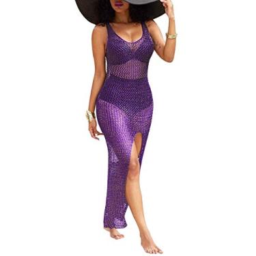 Imagem de Saída de praia sexy feminina casual transparente de malha de crochê vestido de verão, Roxa, XX-Large