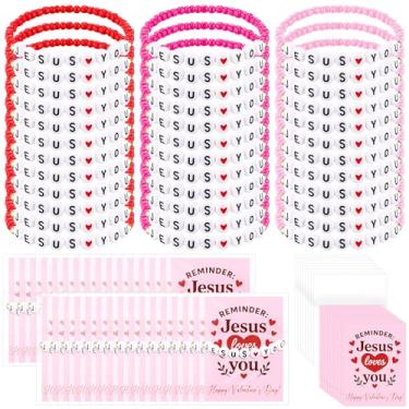 Imagem de Quelay Conjunto de 36 pulseiras Jesus Loves You a granel com cartão presente cristão de dia dos namorados contas de argila pulseiras religiosas amizade cristã lembrete joias para mulheres, igreja