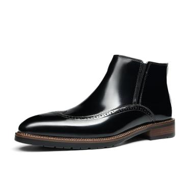 Imagem de Botas masculinas Wingtip Brogue Chelsea com zíper lateral, cabedal de couro legítimo, botas de cano curto formais para homens, Preto, 40 BR