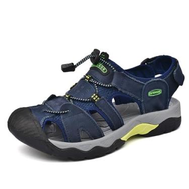 Imagem de Sandálias masculinas de bico fechado para uso ao ar livre - couro camurça, sola de borracha, respirável, anticolisão, antiderrapante, para caminhadas, praia, viagens, uso casual (preto, cinza, dourado