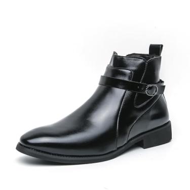 Imagem de Botas de cano curto masculinas elegantes confortáveis com zíper lateral Chelsea botas de cano curto design fivela bota de couro PU, Preto, 38 BR