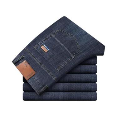 Imagem de Calças Jeans Masculinas Azuis De Algodão Leve Com Stretch, Corte Reto,