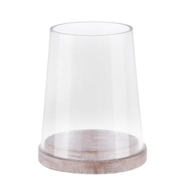 Imagem de Castiçais de vidro Hurricane de 20 cm de largura com mangas de vidro resistentes feitas à mão e base de madeira marrom gasta para velas e plantas, industrial, casa de fazenda, potes de sino, mesa