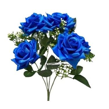 Imagem de Rosa Artificial Decorativa com 5 Flores na Ponta, Galho Realista para Arranjos e Decoração de Ambientes(Kit com 2 Unidades,Azul)