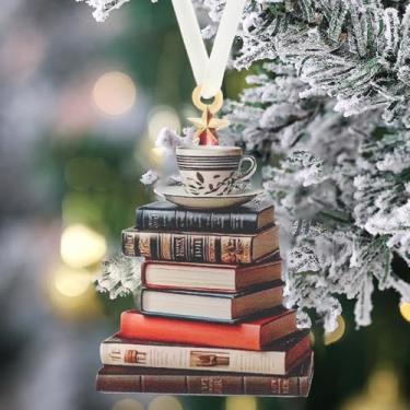 Imagem de Enfeites de acrílico para pendurar em formato de árvore de Natal, ornamentos decorativos para leitores de livros, presentes para amantes de livros, bibliotecário