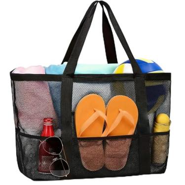 Imagem de Bolsa de praia grande de malha para mulheres e homens, bolsa de viagem com bolso com zíper, bolsa de piscina de malha de secagem rápida para areia, toalhas, brinquedos e itens essenciais de férias