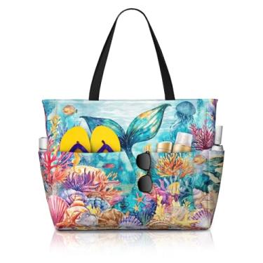 Imagem de Bolsas de praia femininas com estampa fofa, à prova d'água, à prova de areia, bolsa feminina com zíper, bolsas coloridas de piscina para academia e viagens, Sereia 01, One Size