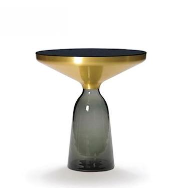 Imagem de Mesa lateral redonda, mesa de cabeceira pequena, mesa de centro para sala de estar, quarto, espaços pequenos, mesa de cabeceira moderna para decoração de casa com base de vidro, mesa de centro pequena