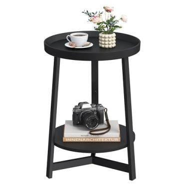 Imagem de HOMPLE Mesa lateral redonda de 2 camadas com prateleira de armazenamento, mesa de canto com suporte moderno, mesa de cabeceira para sala de estar, quarto, apartamento, preto