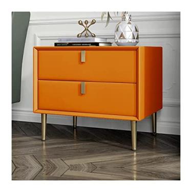 Imagem de Mesa de cabeceira moderna de couro sintético, mesa de cabeceira com 2 gavetas de armazenamento, moldura lateral de madeira, pernas de mesa de metal para quarto, móveis de sala de estar (laranja) e
