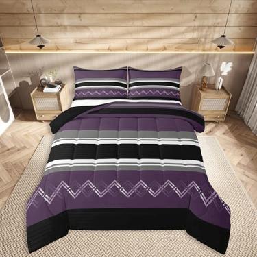 Imagem de jejeloiu Conjunto de edredom com listras modernas, tamanho Queen, bordado, ziguezague, para crianças, meninos, meninas, geométrico, arte listrada moderna, decoração de quarto, microfibra, 3 peças com